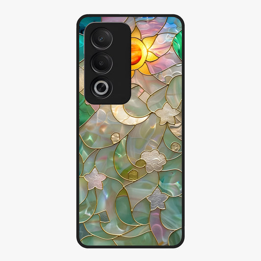 Stained Sunrise Glow Glass Case showing flat back view with glowing sunrise stained pattern artwork and glossy glass finish.