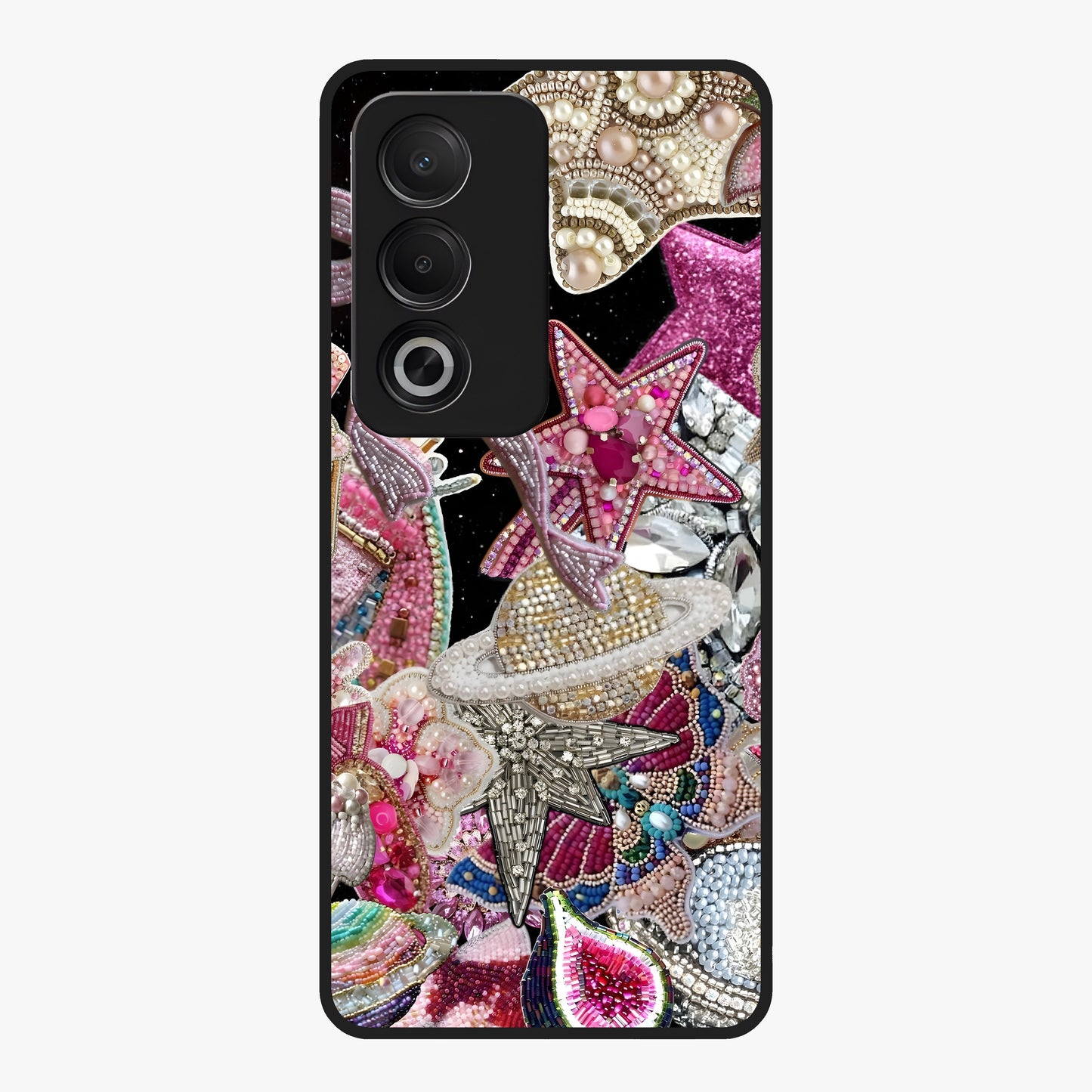 Starlit Jewel Dream Glass Case showing flat back view with sparkling jewel and star themed artwork and glossy glass finish.