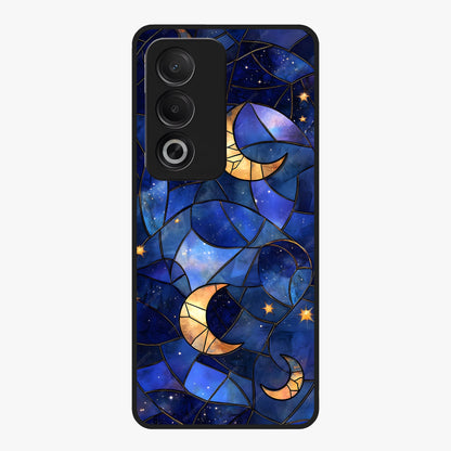 Starlit Sky Tapestry Glass Case showing flat back view with decorative starry sky tapestry artwork and glossy glass finish.