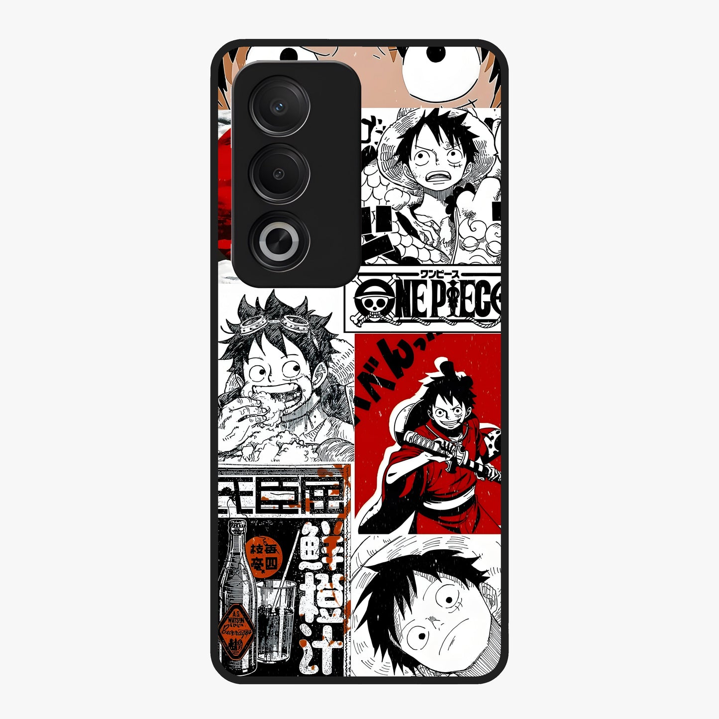Strawhat Chaos Panels Glass Case showing flat back view with anime inspired chaos panel artwork and glossy glass finish.