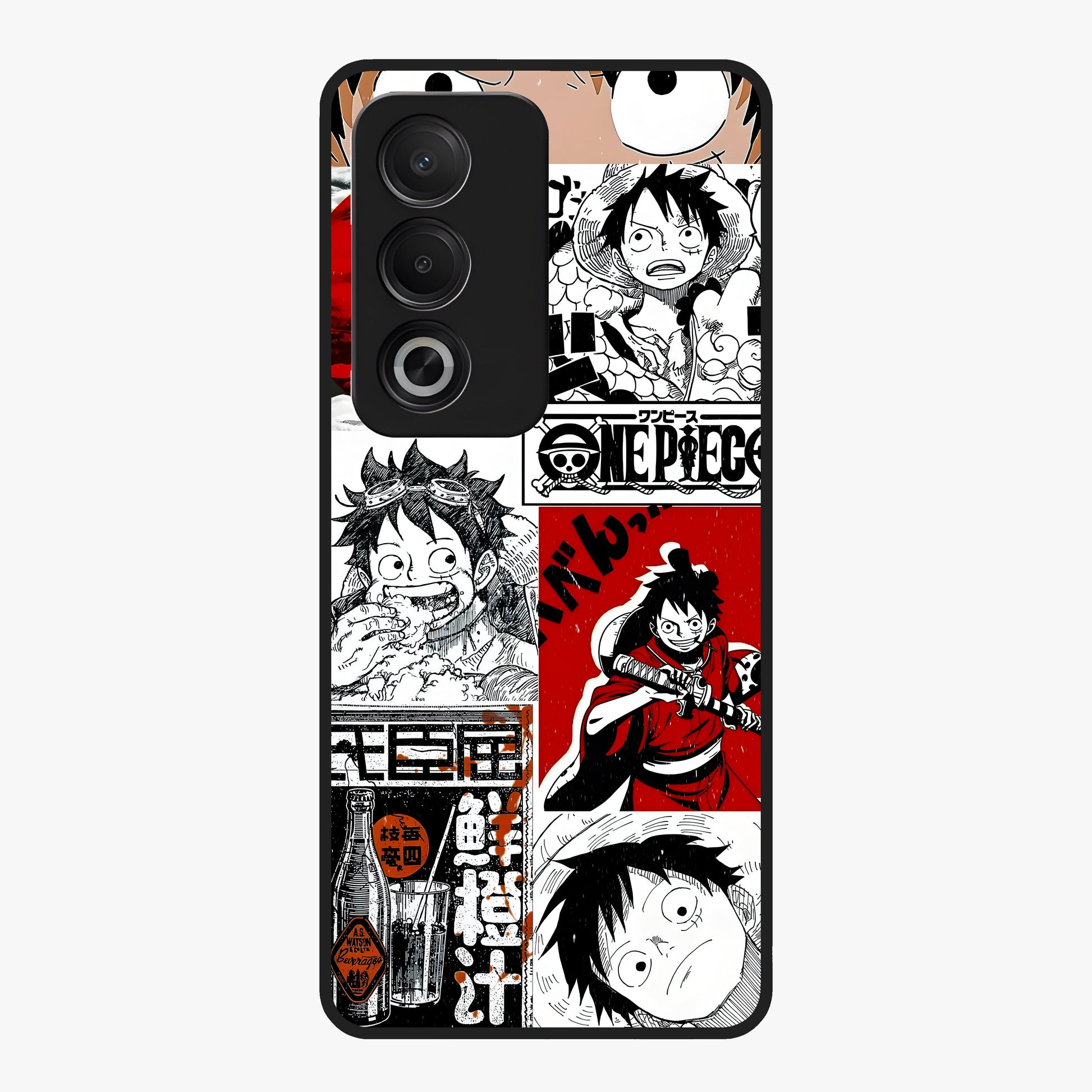 Strawhat Chaos Panels Glass Case showing flat back view with anime inspired chaos panel artwork and glossy glass finish.