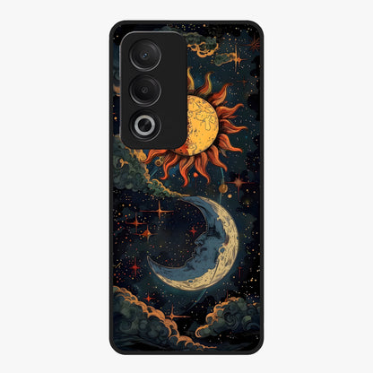 Sun And Moon Magic Design Glass Case showing flat back view with mystical sun and moon artwork and glossy glass finish.