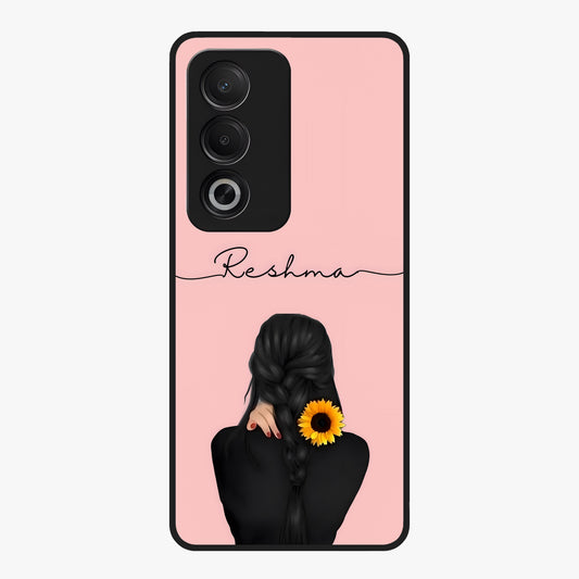 Sunflower Braid Beauty With Custom Name Glass Case showing flat back view with sunflower braid artwork and personalized name design.
