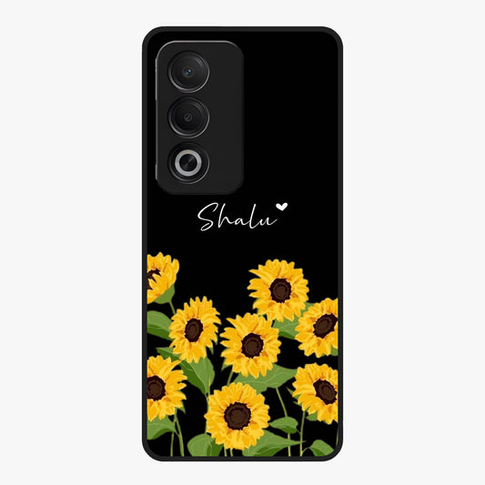 Sunflower Chic Mood Custom Name Glass Case showing flat back view with stylish sunflower artwork and personalized name design.