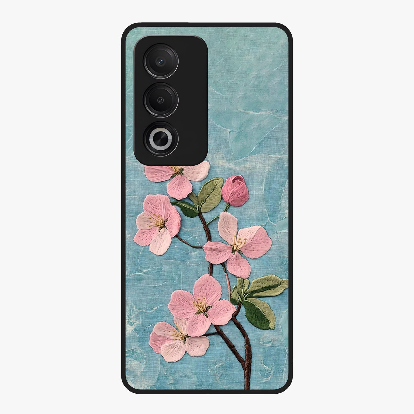 Threaded Blossom Breeze Glass Case showing flat back view with delicate blossom artwork and glossy glass finish.