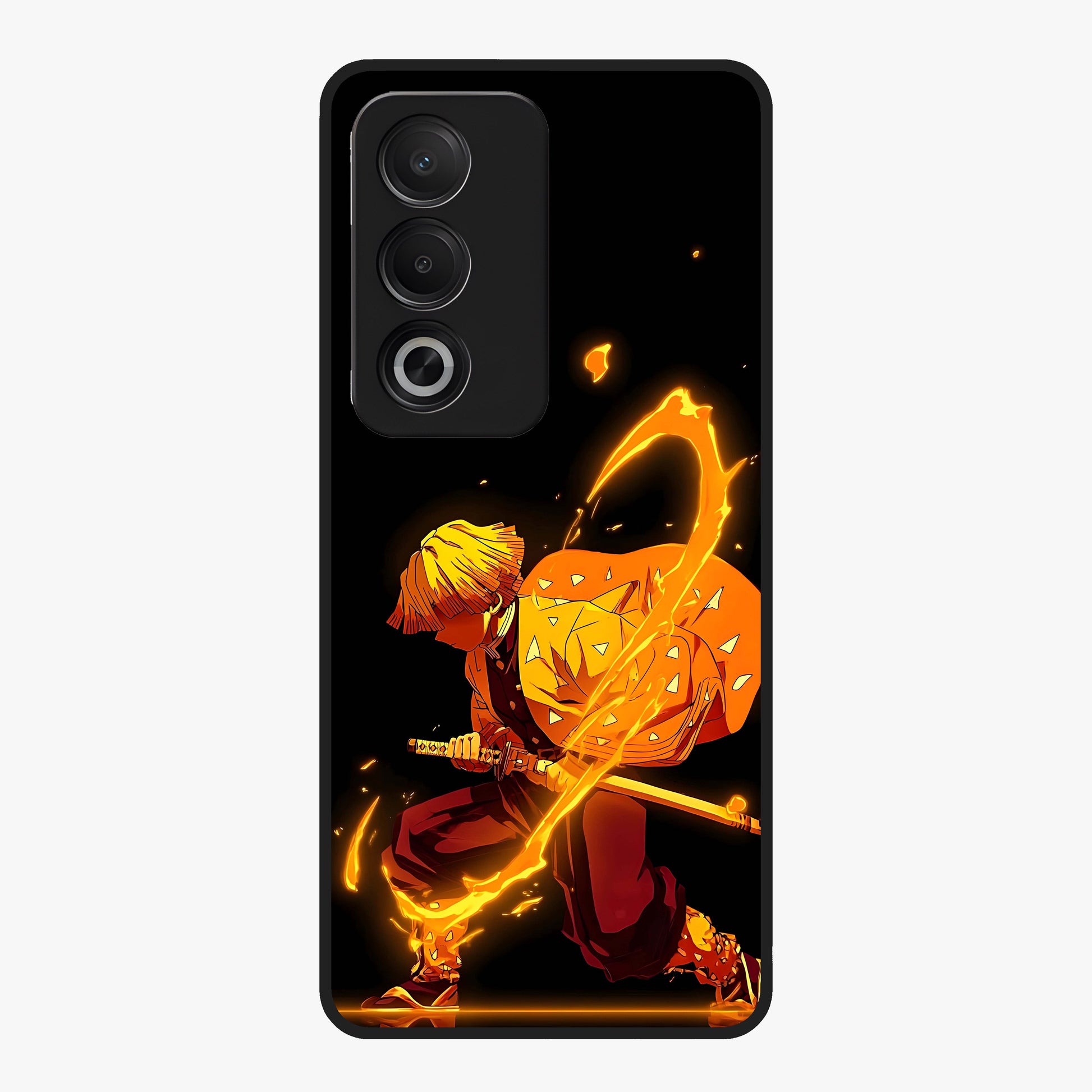 Thunder Flame Execution Glass Case showing flat back view with powerful flame and lightning artwork and glossy glass finish.