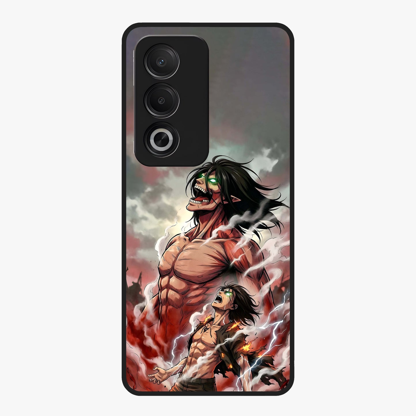 Titan Awakening Fury Glass Case showing flat back view with powerful titan inspired artwork and glossy glass finish.