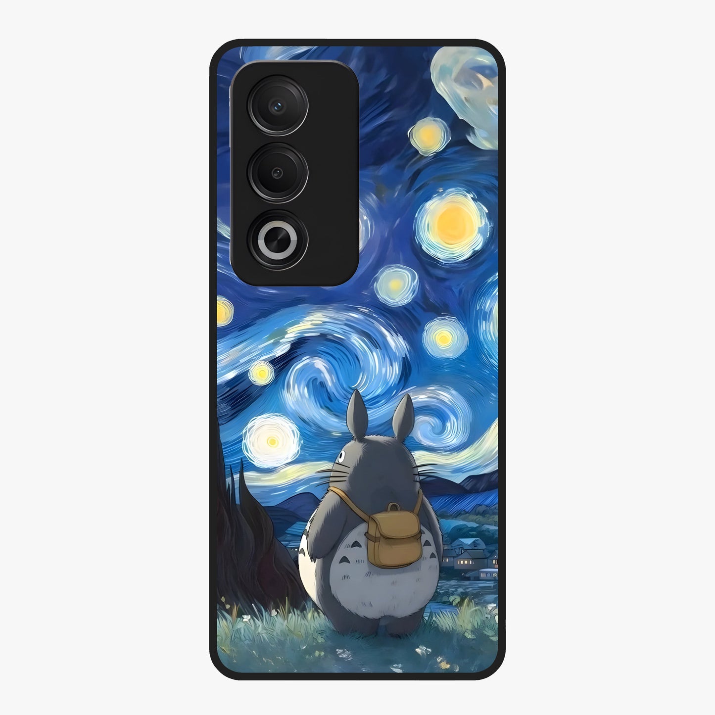 Totoro In Van Gogh Art Glass Case showing flat back view with whimsical character artwork inspired by Van Gogh style and glossy glass finish.