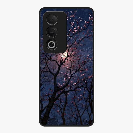 Twilight Sakura Serenade Glass Case showing flat back view with cherry blossom artwork at twilight and glossy glass finish.
