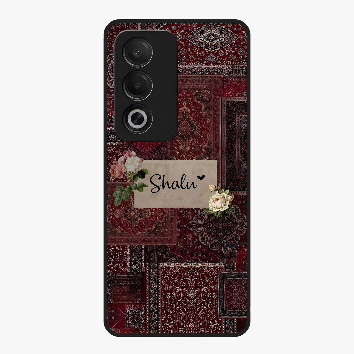 Velvet Wine Pattern Custom Name Glass Case showing flat back view with elegant wine colored pattern artwork and personalized name design.