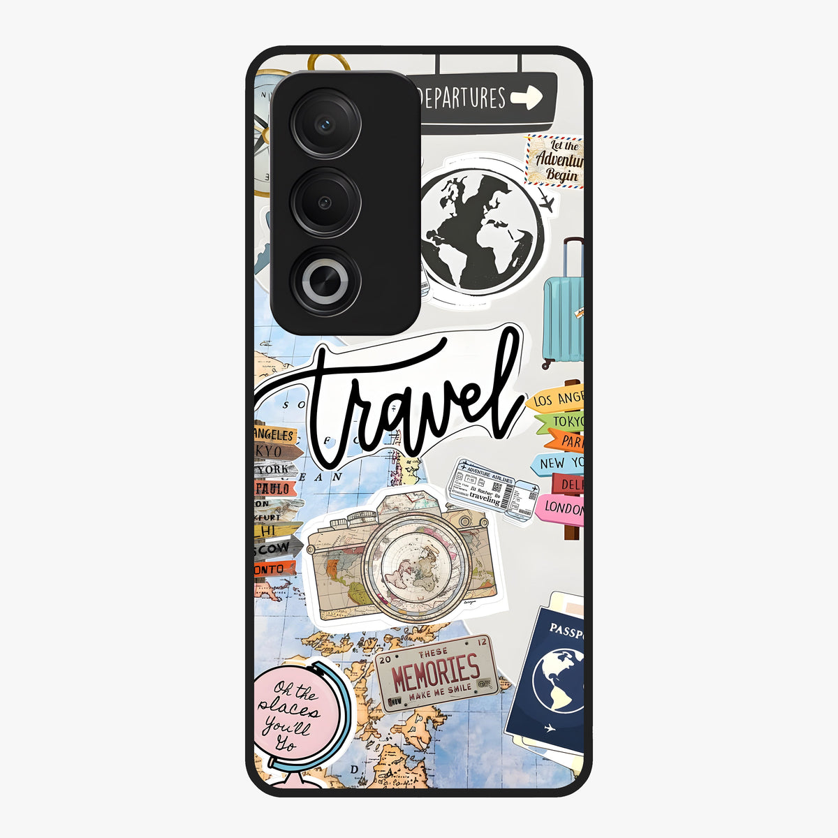 Wanderlust Journal Glass Case showing flat back view with travel inspired artwork and glossy glass finish.