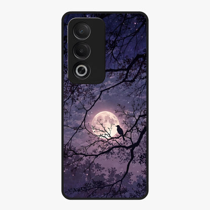 Whispering Moon Silence Glass Case showing flat back view with serene moon themed artwork and glossy glass finish.