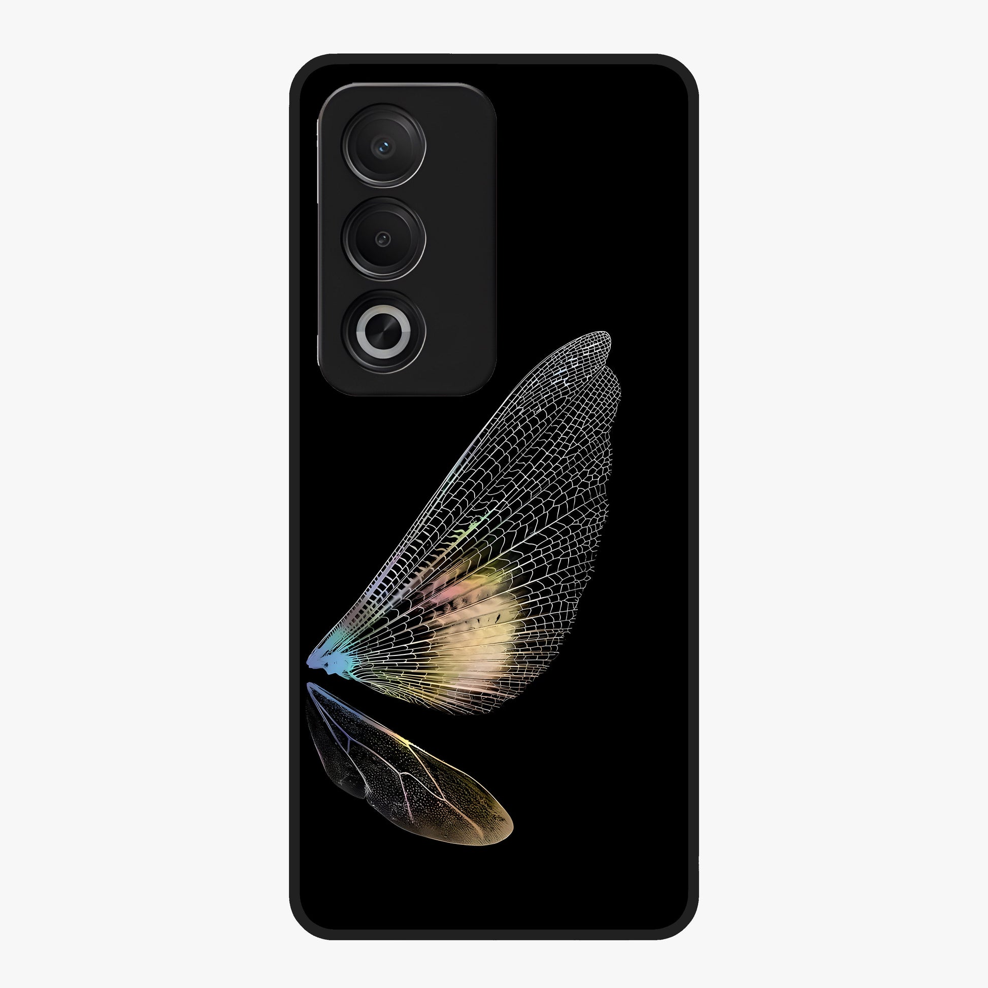 Whispers Of Wings Glass Case showing flat back view with graceful wing inspired artwork and glossy glass finish.