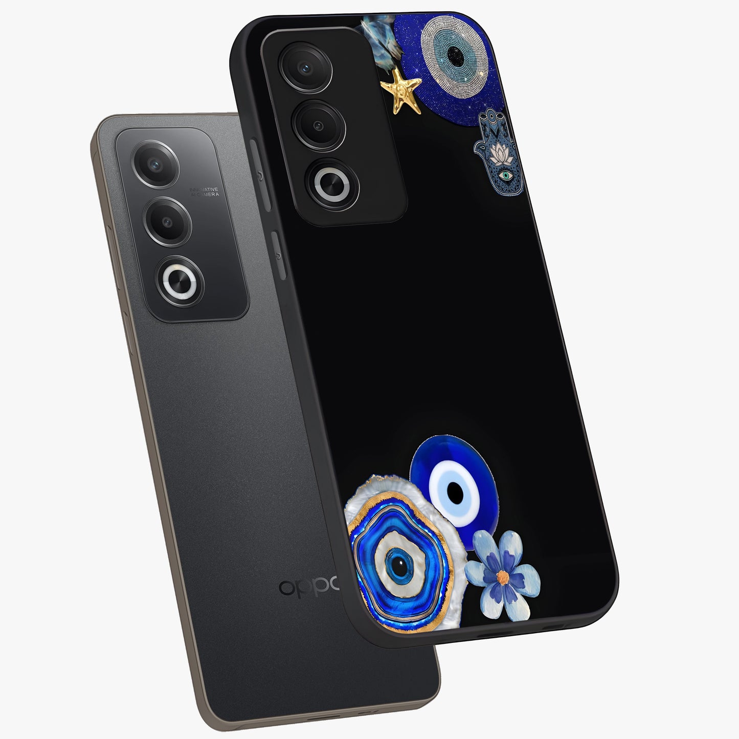 Aesthetic Blue Evil Eye Glass Case displayed in angled mockup highlighting blue evil eye symbol and spiritual aesthetic design.