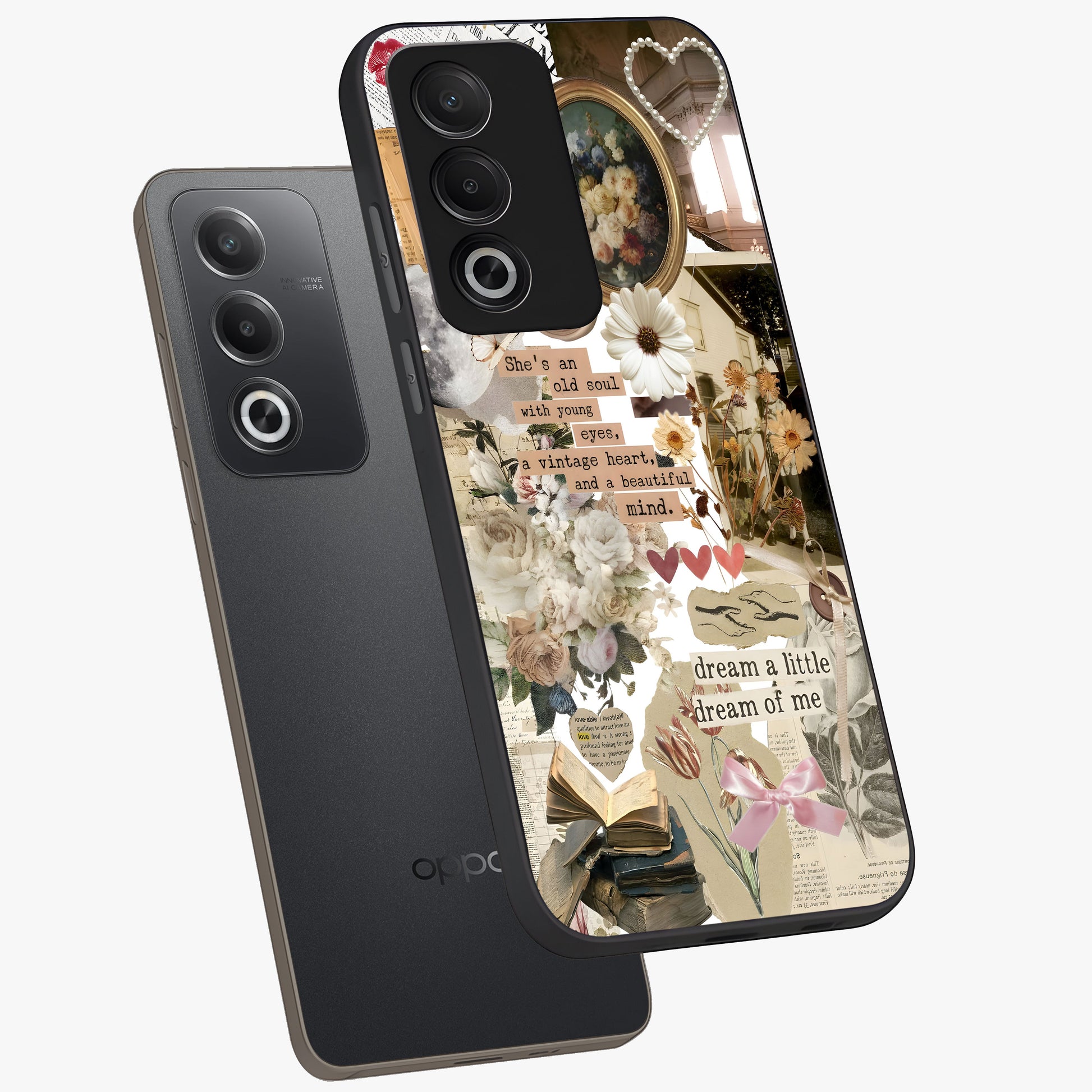 Aesthetic Brown Vintage Collage Glass Case displayed in angled mockup highlighting vintage aesthetic collage design.