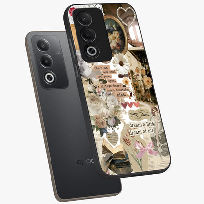 Aesthetic Brown Vintage Collage Glass Case displayed in angled mockup highlighting vintage aesthetic collage design.