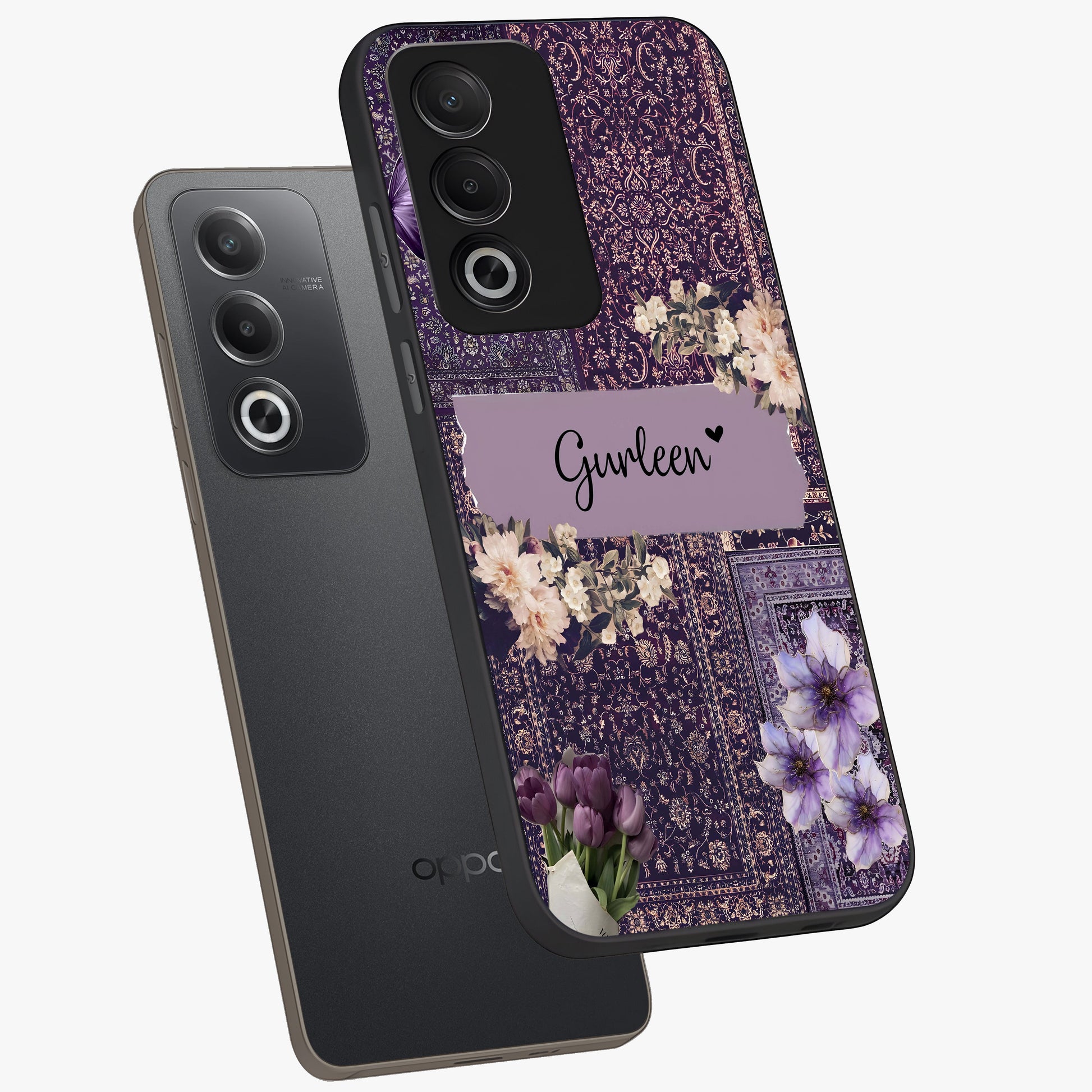 Antique Floral Whisper Custom Name Glass Case displayed in angled mockup highlighting elegant antique floral aesthetic.