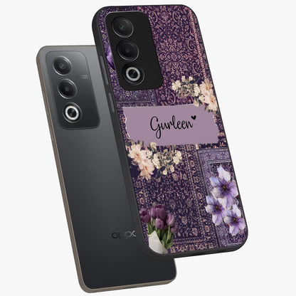 Antique Floral Whisper Custom Name Glass Case displayed in angled mockup highlighting elegant antique floral aesthetic.