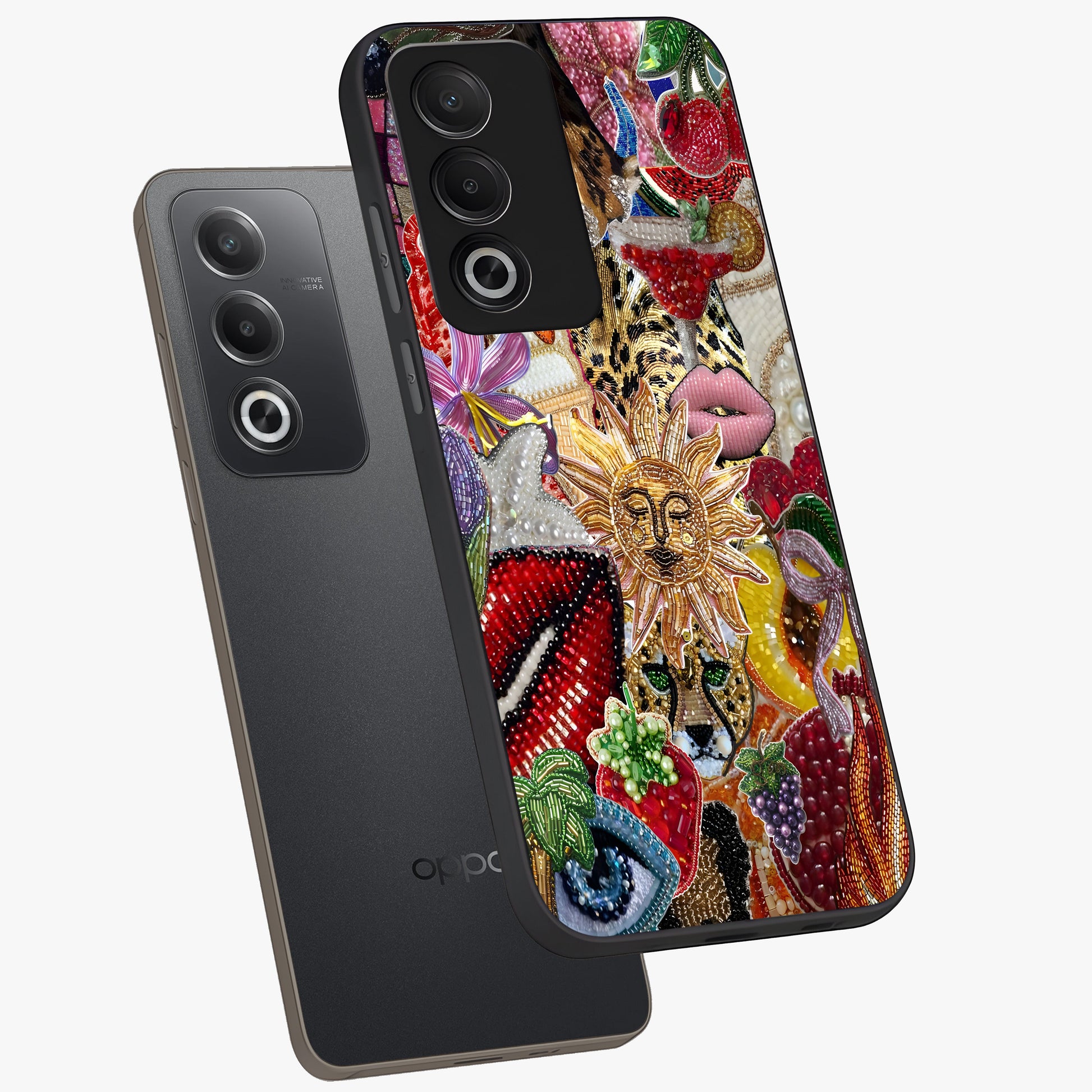 Beaded Fashion Jungle Glass Case displayed in angled mockup highlighting colorful fashion bead design and artistic pattern.