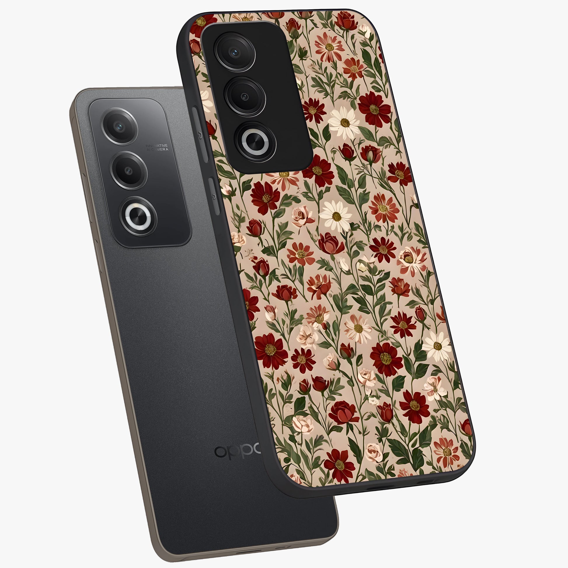 Biege Flower With Leaf Glass Case displayed in angled mockup highlighting minimal floral leaf design and elegant aesthetic.