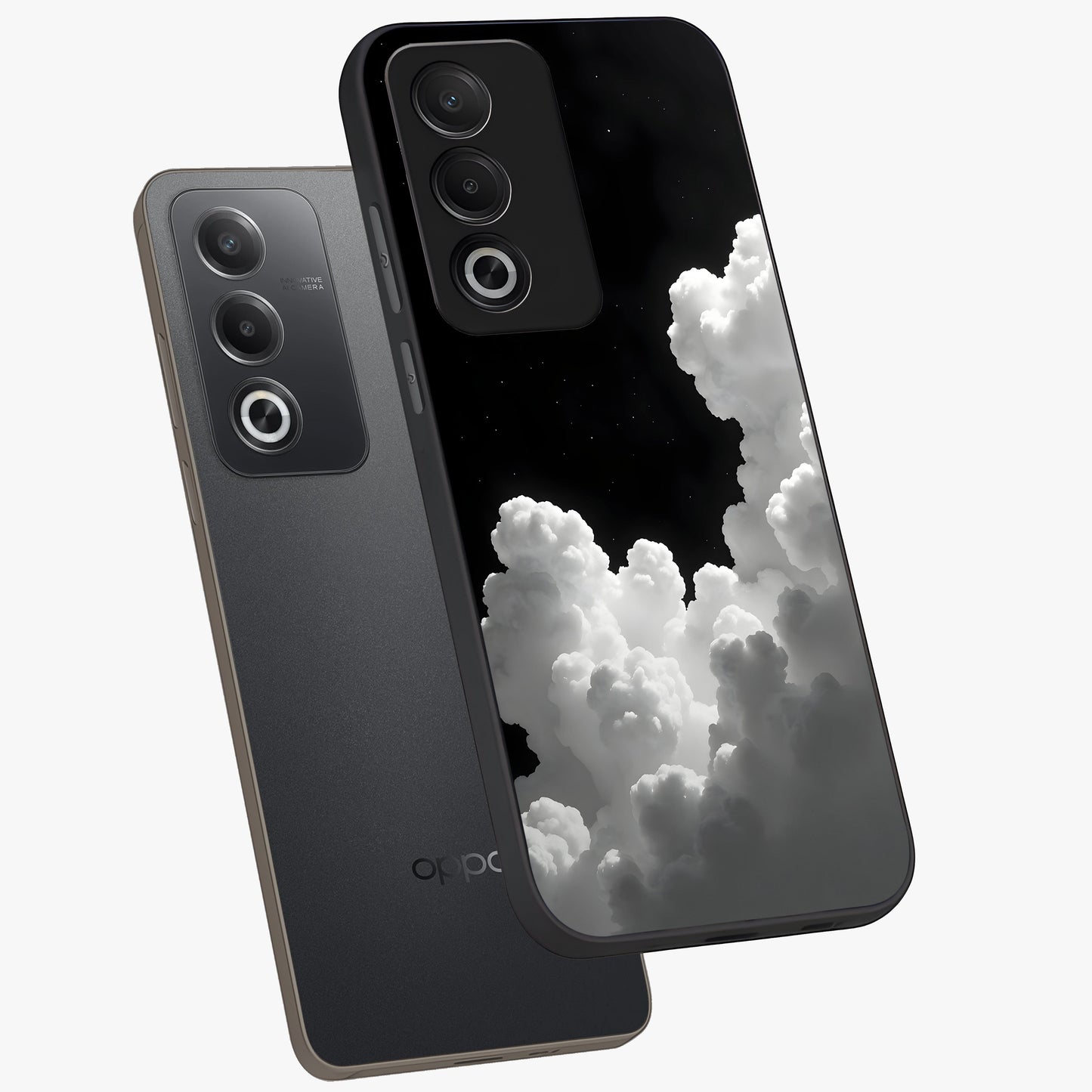 Black Background With White Cloud Glass Case displayed in angled mockup highlighting soft white cloud illustration and minimal design.