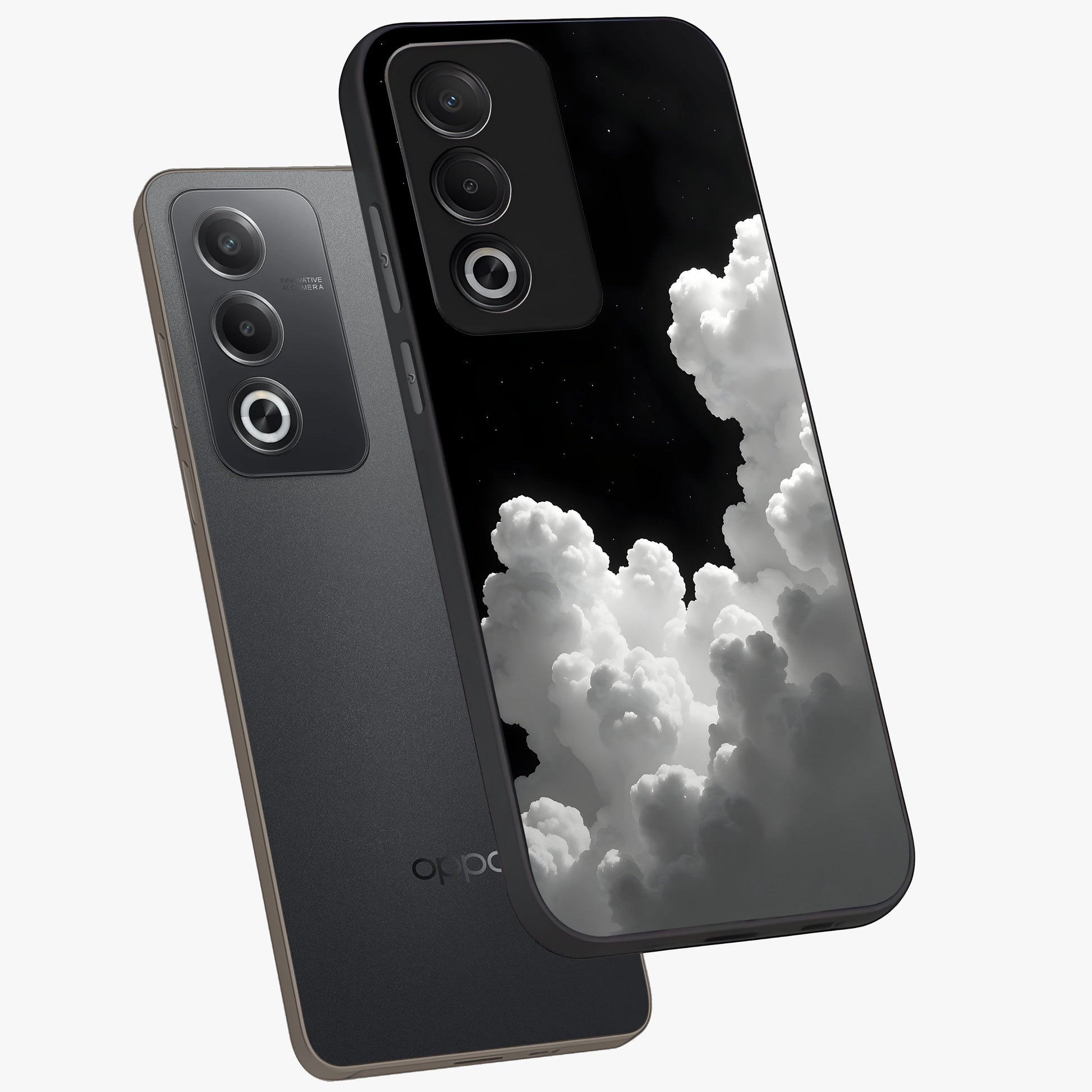 Black Background With White Cloud Glass Case displayed in angled mockup highlighting soft white cloud illustration and minimal design.
