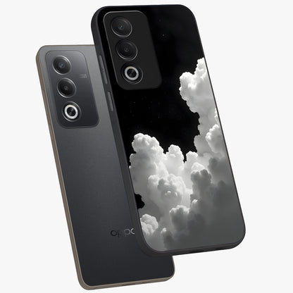 Black Background With White Cloud Glass Case displayed in angled mockup highlighting soft white cloud illustration and minimal design.
