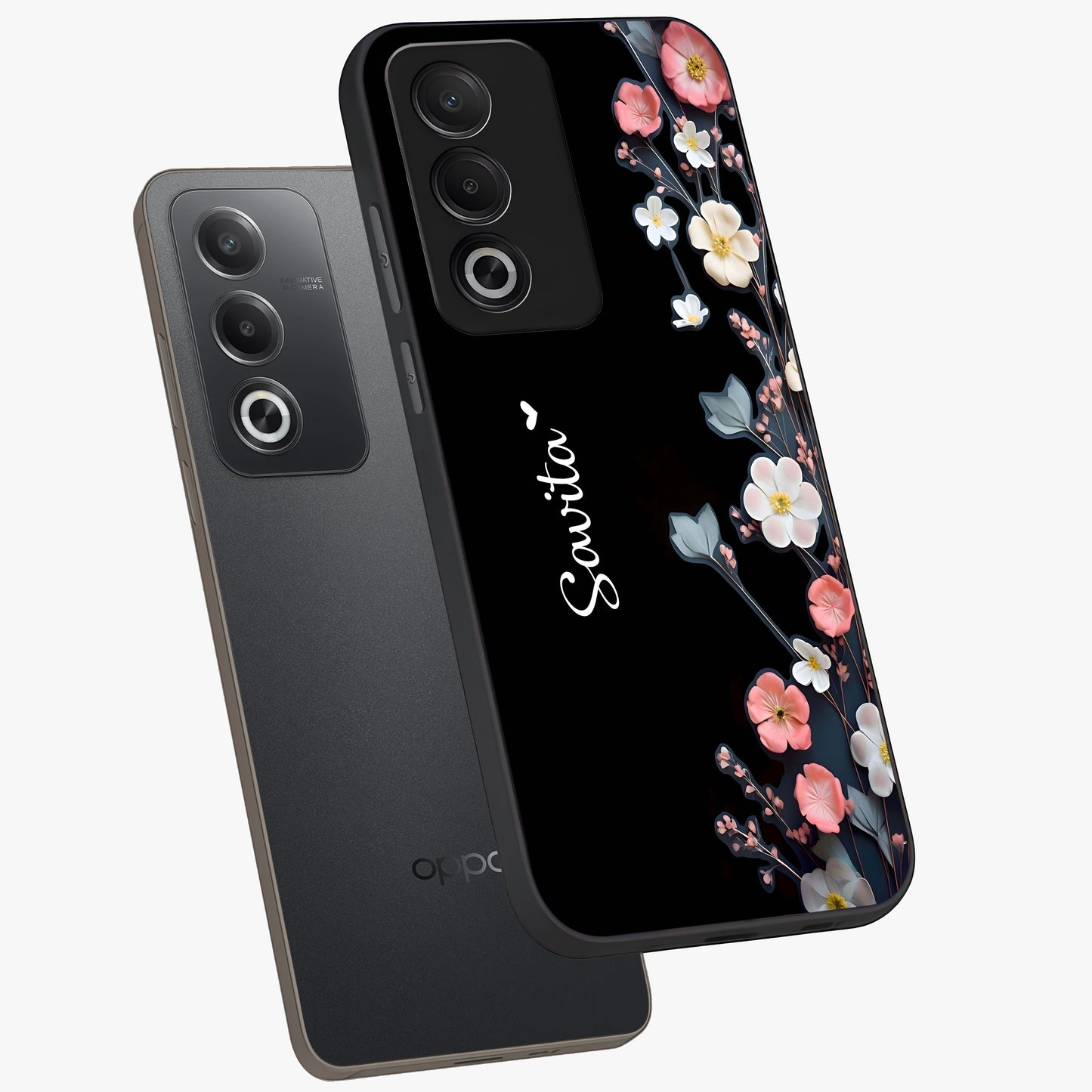 Black Elegance Floral Custom Name Glass Case displayed in angled mockup highlighting dark floral aesthetic and custom name feature.