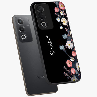 Black Elegance Floral Custom Name Glass Case displayed in angled mockup highlighting dark floral aesthetic and custom name feature.