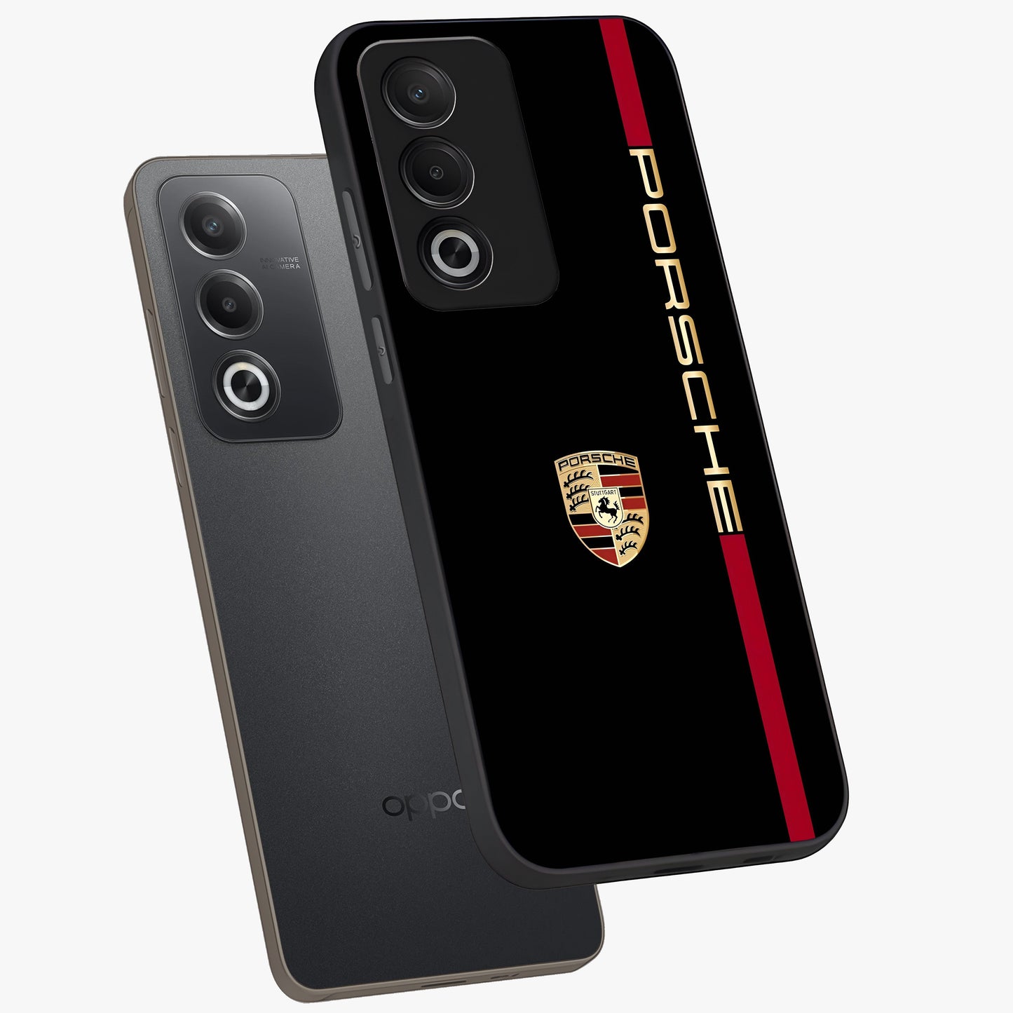 Black Minimal Porsche Glass Case displayed in angled mockup highlighting modern minimal car illustration and clean aesthetic design.