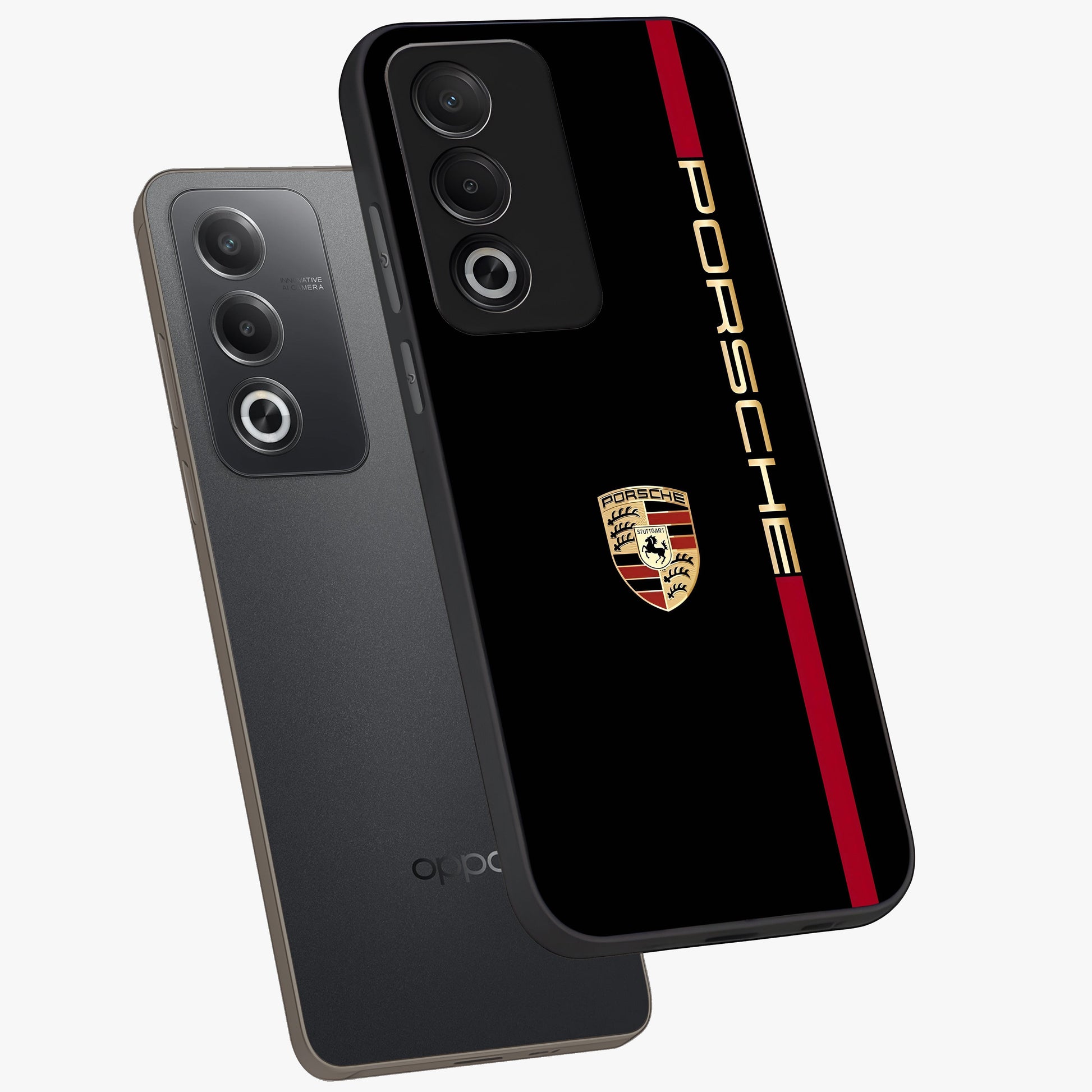 Black Minimal Porsche Glass Case displayed in angled mockup highlighting modern minimal car illustration and clean aesthetic design.