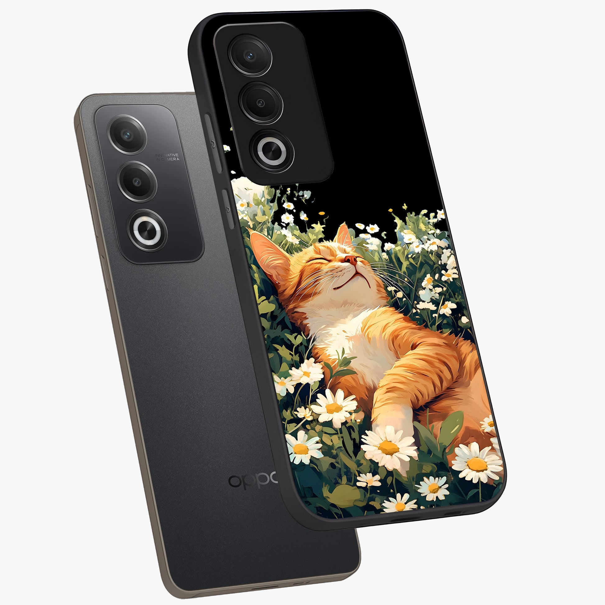 Blissful Bloom Cat Glass Case displayed in angled mockup highlighting playful feline illustration with soft floral aesthetic.
