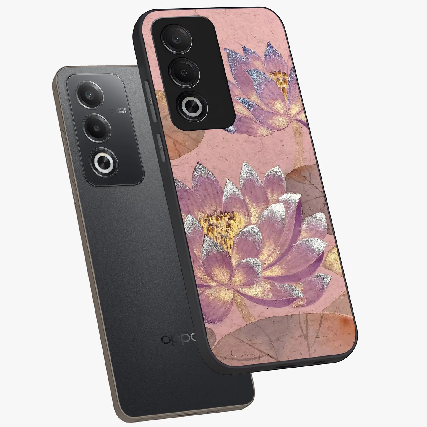 Blossom Mist Lotus Glass Case displayed in angled mockup highlighting delicate lotus illustration with calm aesthetic theme.
