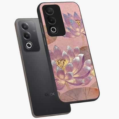 Blossom Mist Lotus Glass Case displayed in angled mockup highlighting delicate lotus illustration with calm aesthetic theme.