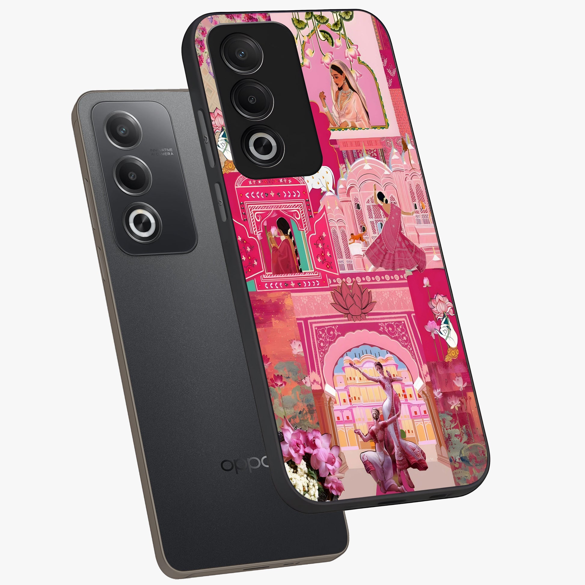 Blossoms of Rajasthan Glass Case displayed in angled mockup highlighting vibrant floral pattern with cultural aesthetic style.