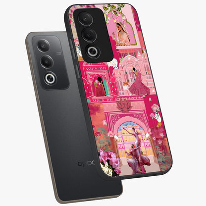 Blossoms of Rajasthan Glass Case displayed in angled mockup highlighting vibrant floral pattern with cultural aesthetic style.