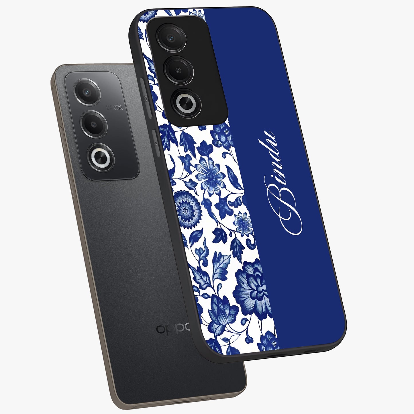 Blue Vintage Floral Pattern Glass Case displayed in angled mockup highlighting subtle bloom pattern with aesthetic pastel design.