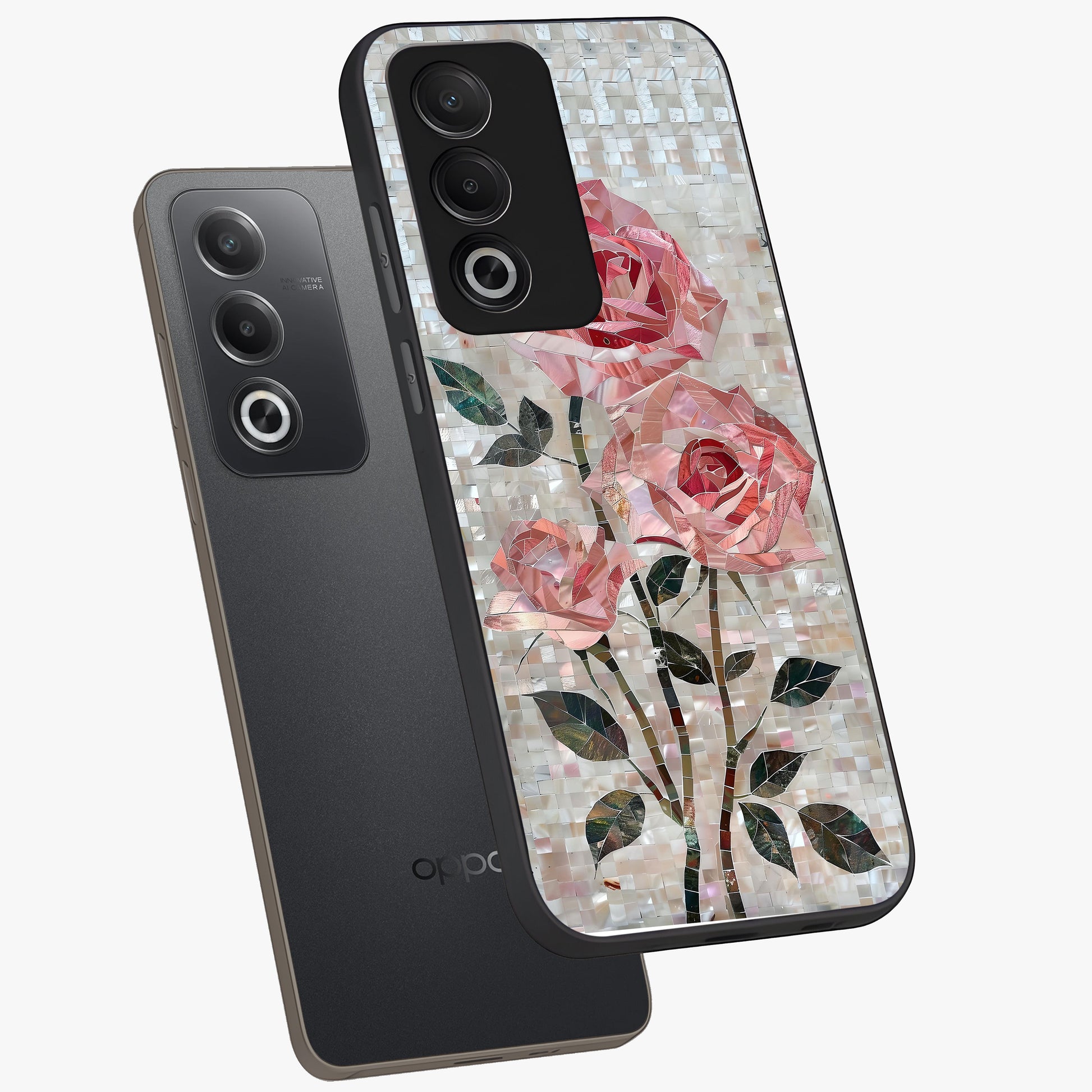 Blush Mosaic Bloom Glass Case displayed in angled mockup highlighting artistic mosaic flower pattern with aesthetic design.
