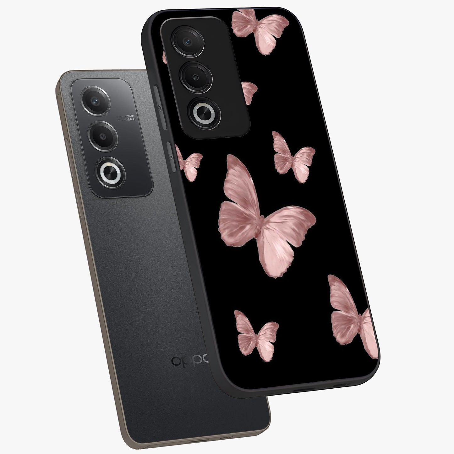 Butterfly Pattern Glass Case displayed in angled mockup highlighting delicate butterfly design and aesthetic pattern style.