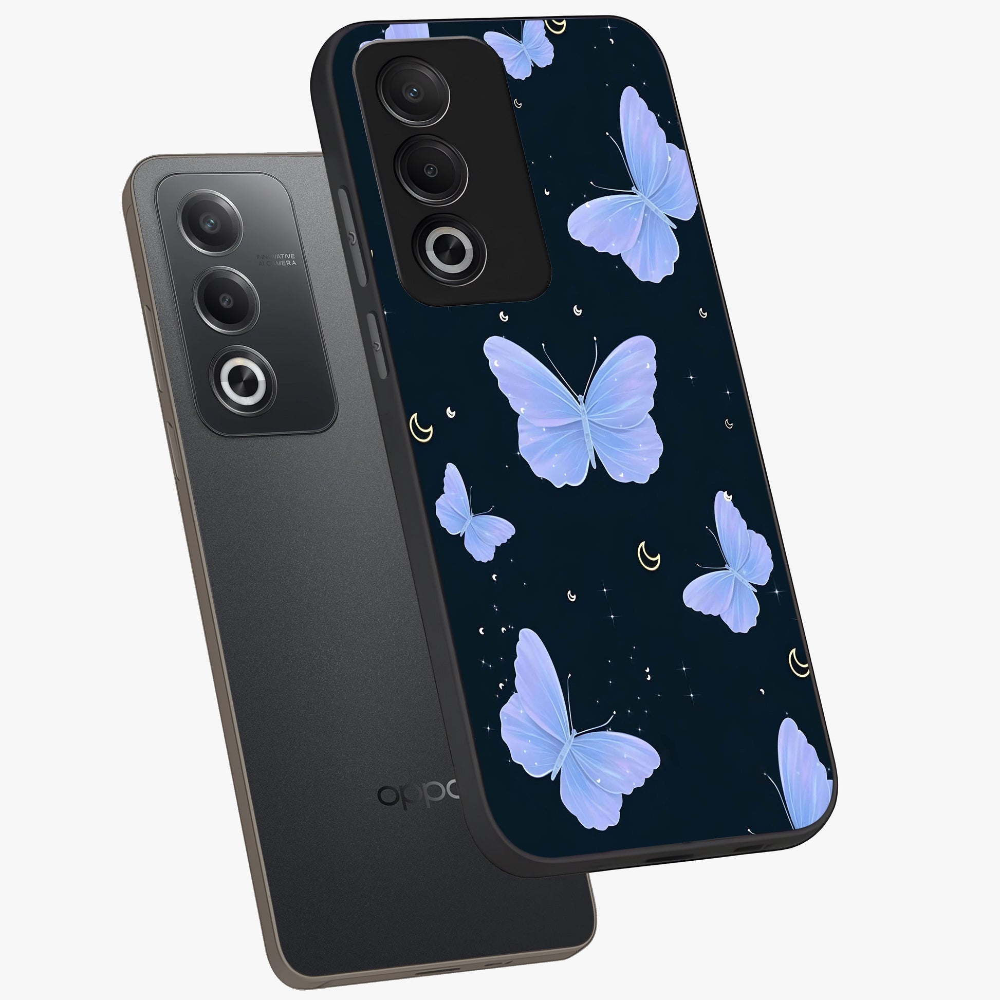 Butterfly With Stars Pattern Glass Case displayed in angled mockup highlighting dreamy butterfly and star design with aesthetic theme.