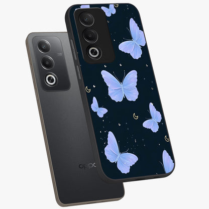 Butterfly With Stars Pattern Glass Case displayed in angled mockup highlighting dreamy butterfly and star design with aesthetic theme.