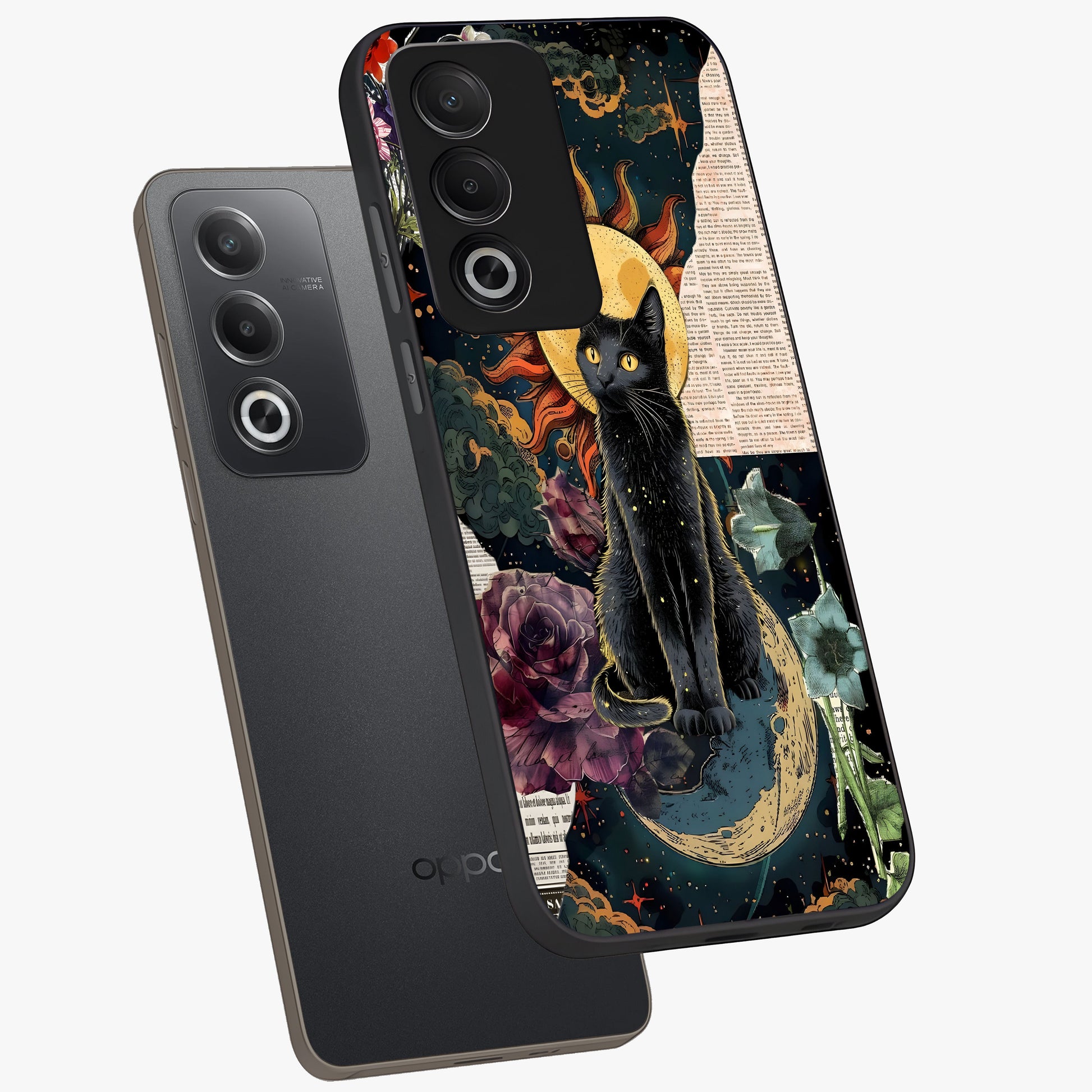 Celestial Black Cat Glass Case displayed in angled mockup highlighting cosmic black cat design with celestial aesthetic.