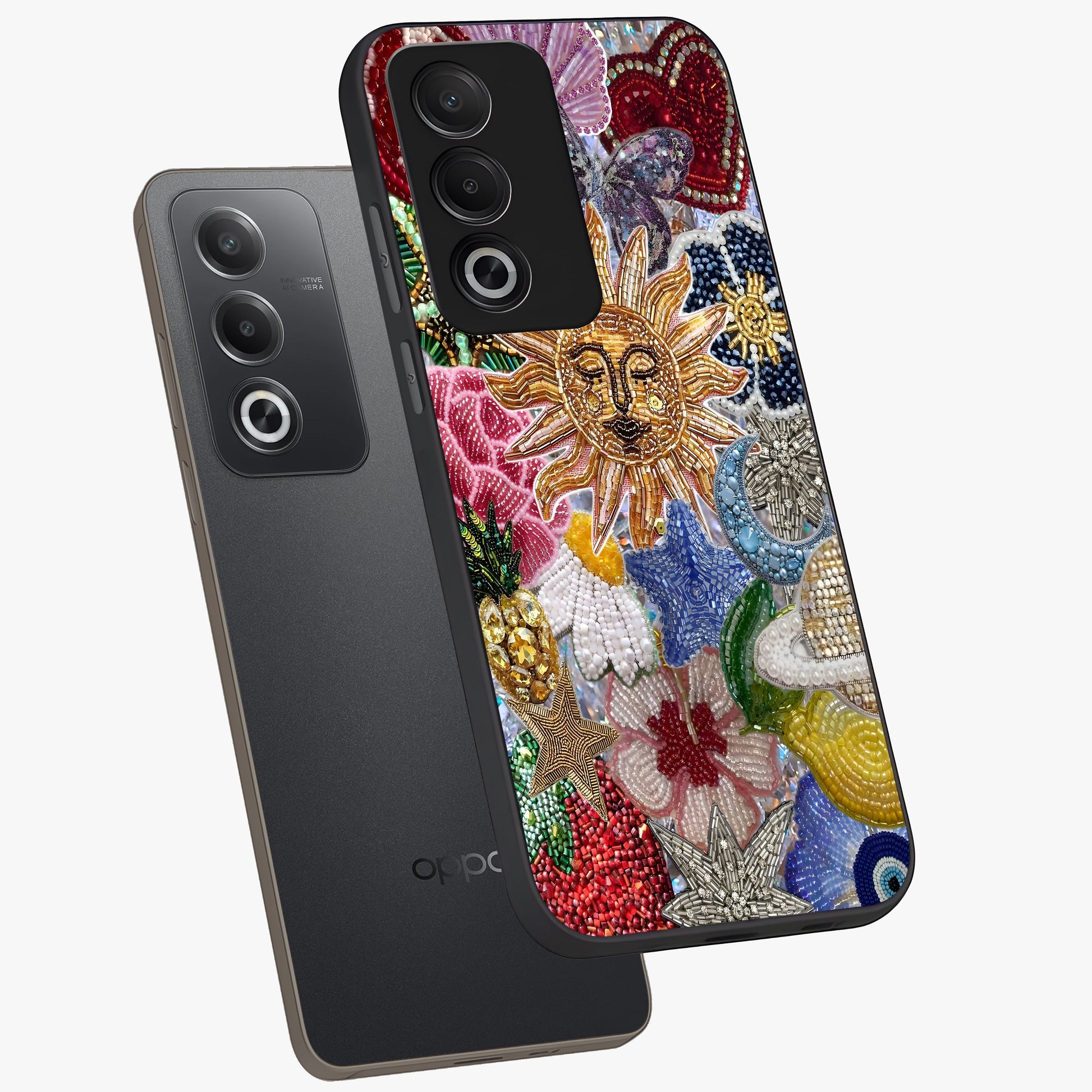 Celestial Floral and Playful Glass Case displayed in angled mockup highlighting playful floral design with dreamy celestial elements.