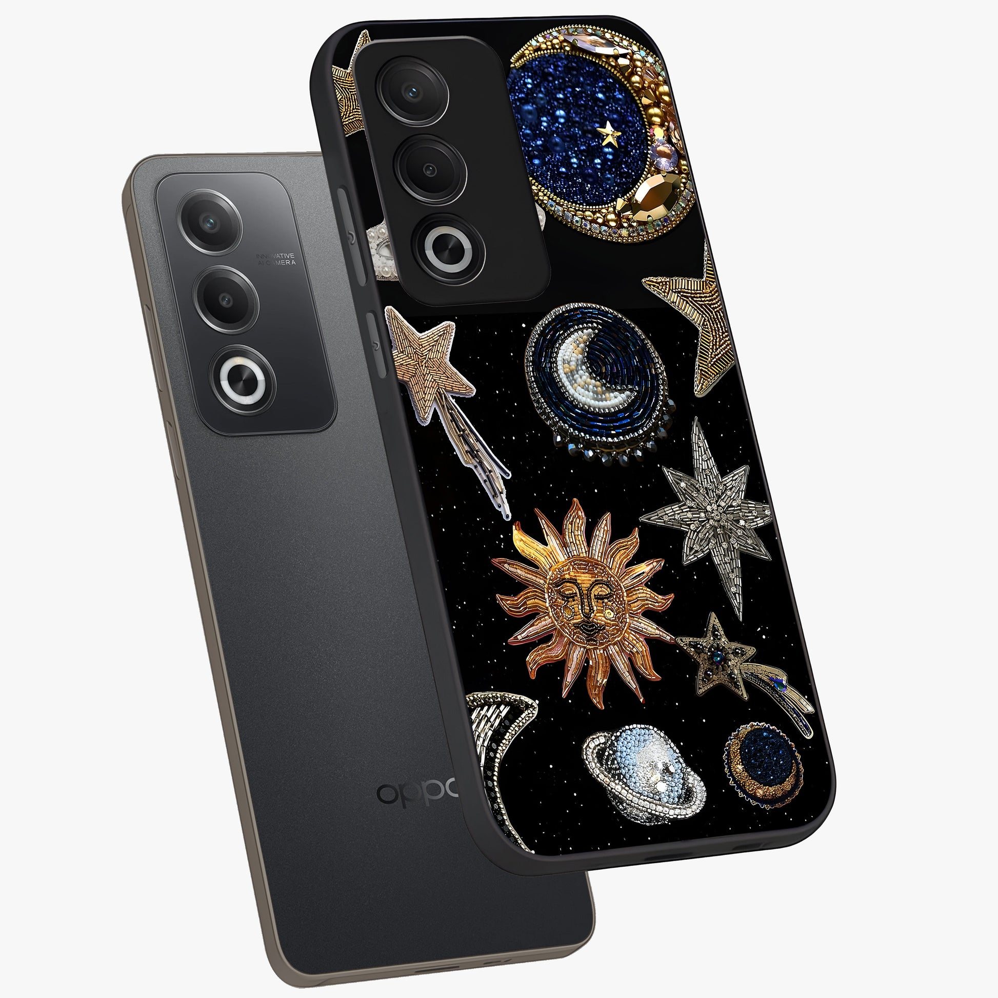 Celestial Gem Constellations Glass Case displayed in angled mockup highlighting gemstone inspired constellation design.