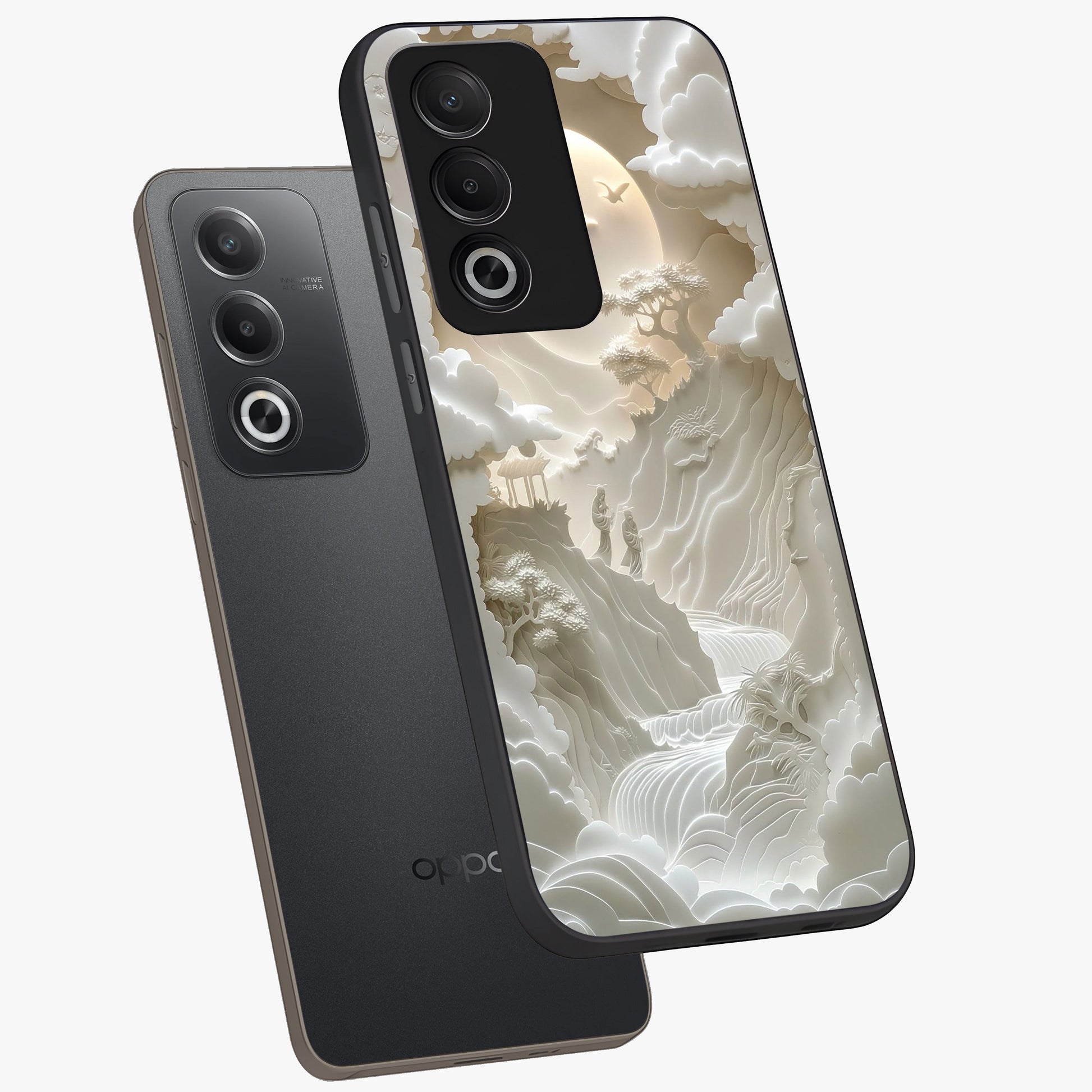 Celestial Origami Glass Case displayed in angled mockup highlighting geometric origami design with cosmic aesthetic theme.