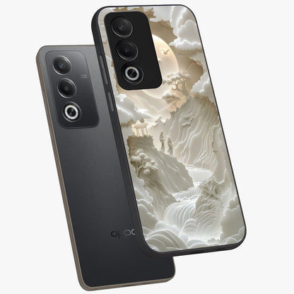 Celestial Origami Glass Case displayed in angled mockup highlighting geometric origami design with cosmic aesthetic theme.