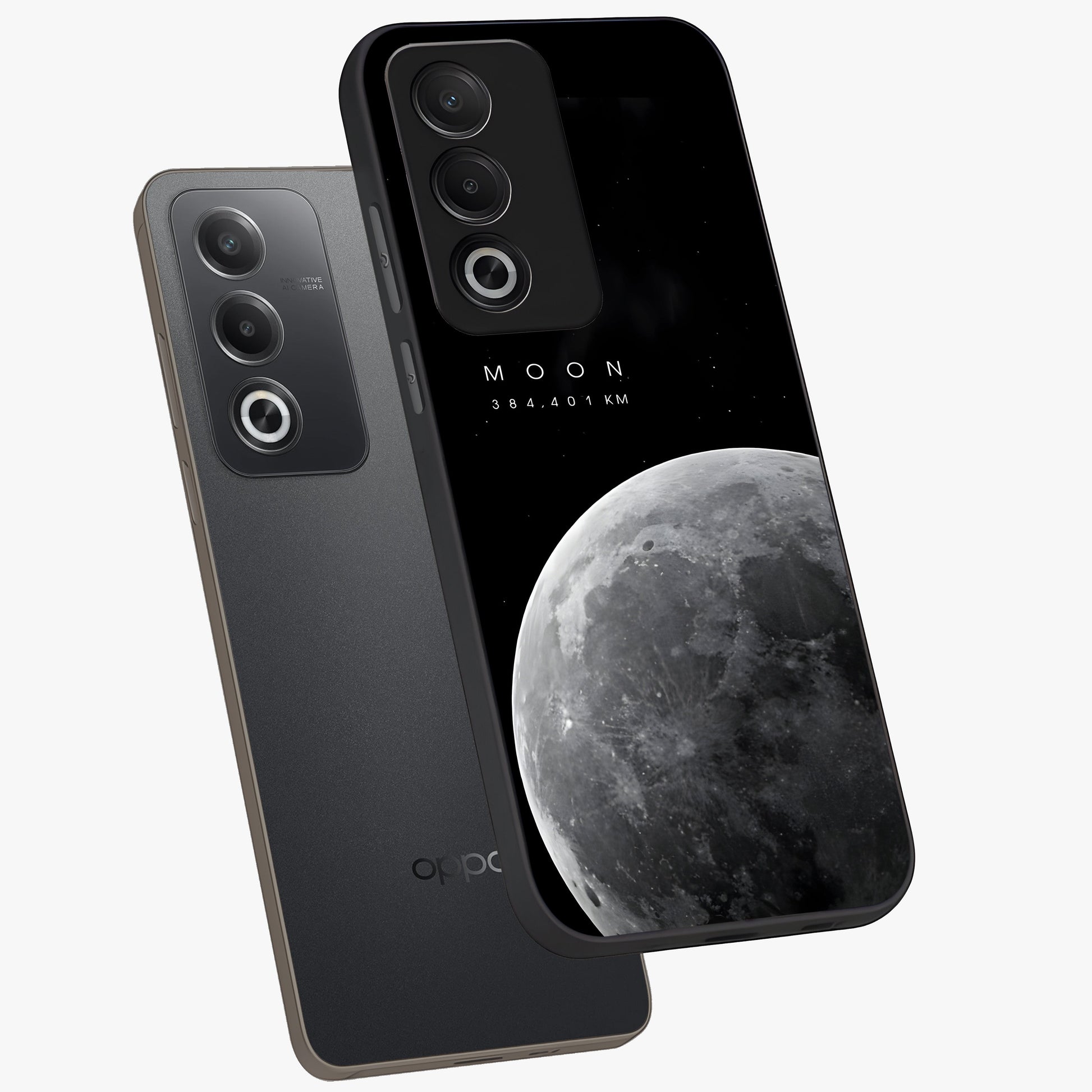Cosmic Moon Glow Glass Case displayed in angled mockup highlighting celestial moon design with cosmic aesthetic theme.