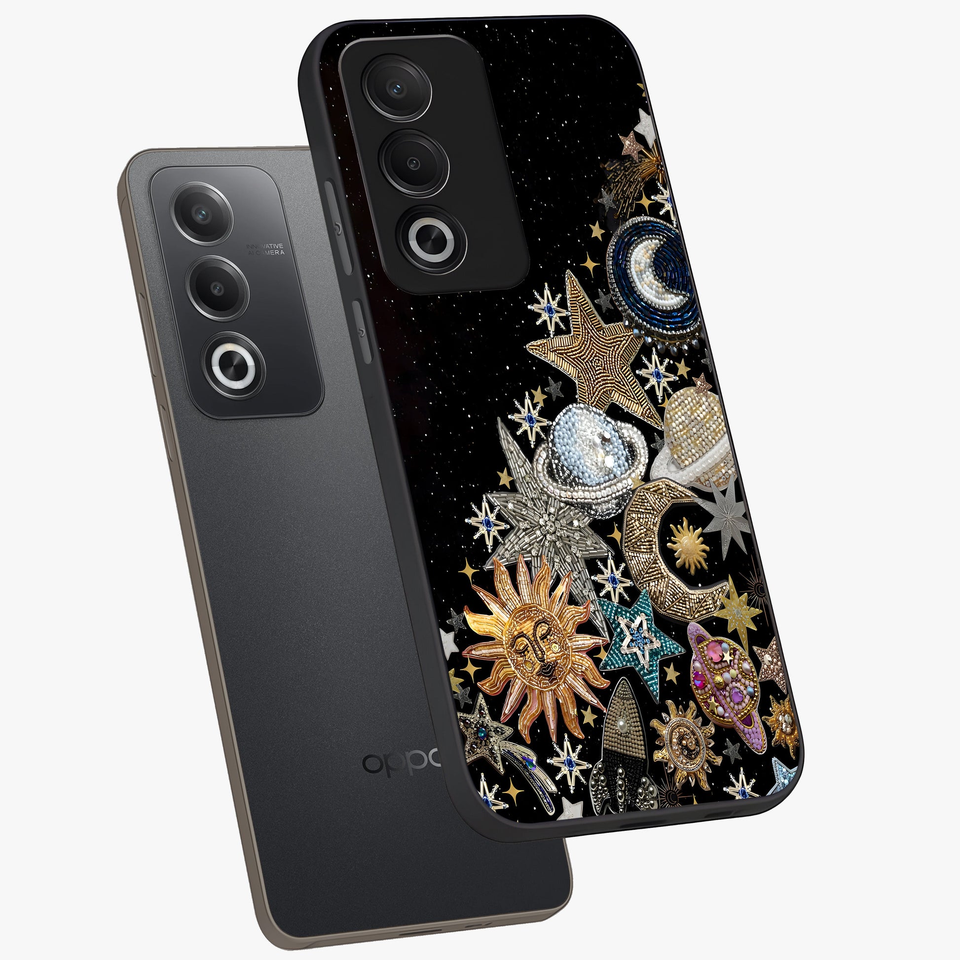 Cosmic Sparkle Dreams Glass Case displayed in angled mockup highlighting dreamy star sparkle design with celestial aesthetic.