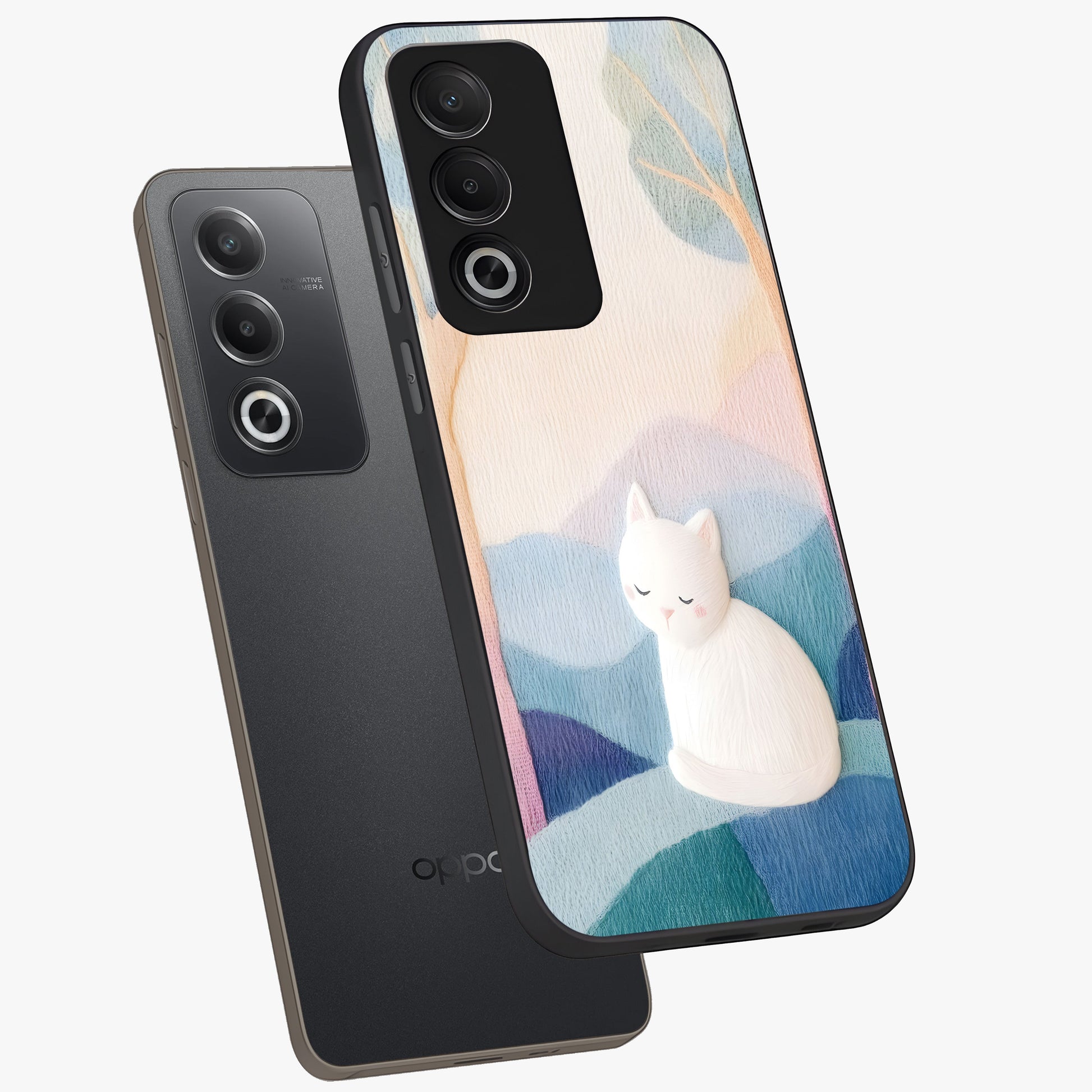 Cotton Dream Cat Glass Case displayed in angled mockup highlighting cute feline illustration with pastel aesthetic style.