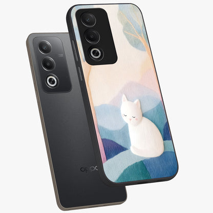 Cotton Dream Cat Glass Case displayed in angled mockup highlighting cute feline illustration with pastel aesthetic style.